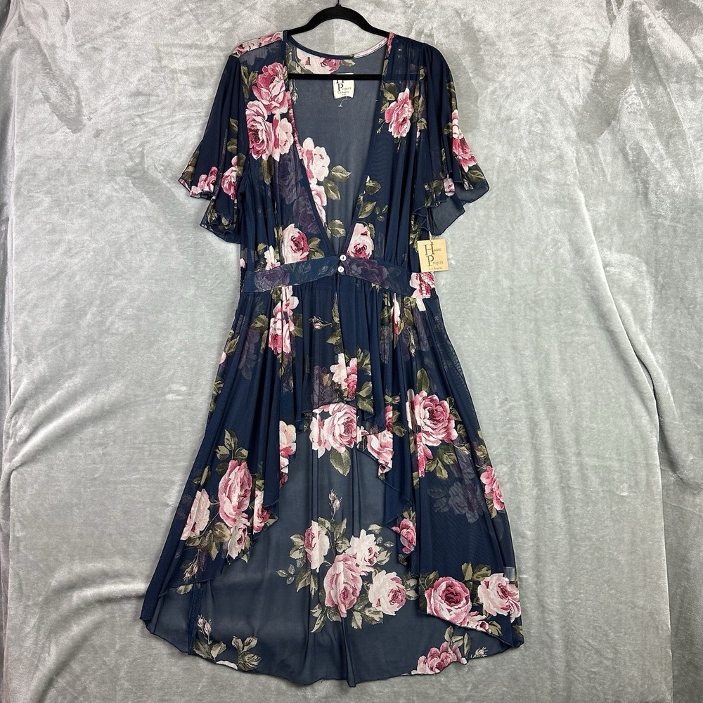 Haute Project Duster Cardigan Dress Women's 1XL Navy Blue Pink Floral Sheer NEW